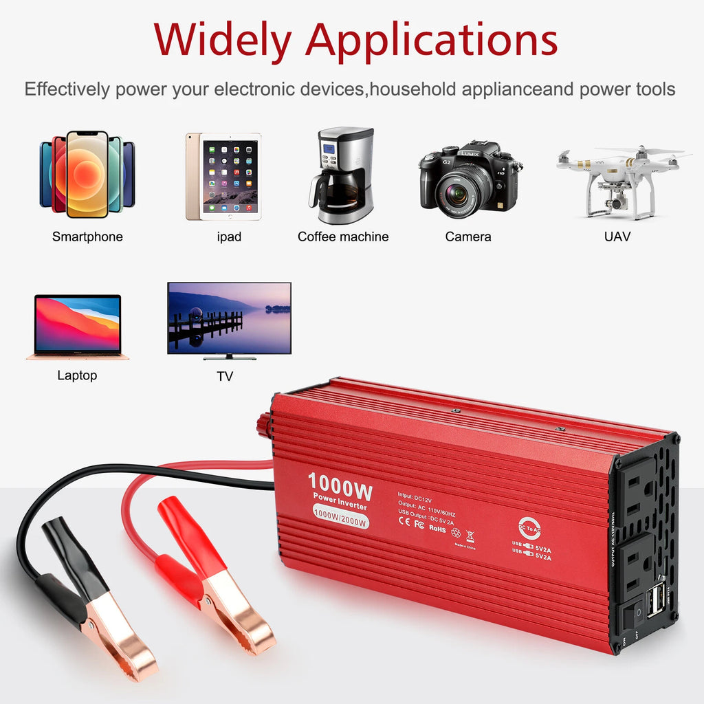1000W 2000W Car Power Inverter DC 12V To AC 110V 2AC Outlets USB Power Converter
