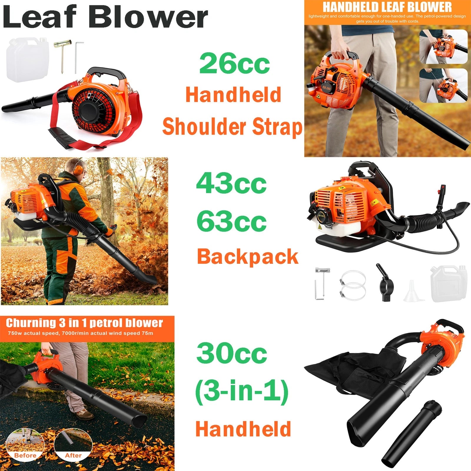 ??Air Leaf Blower Gas Powered Snow Blower 665CFM 26CC/30CC/43CC 2-Stroke Engine