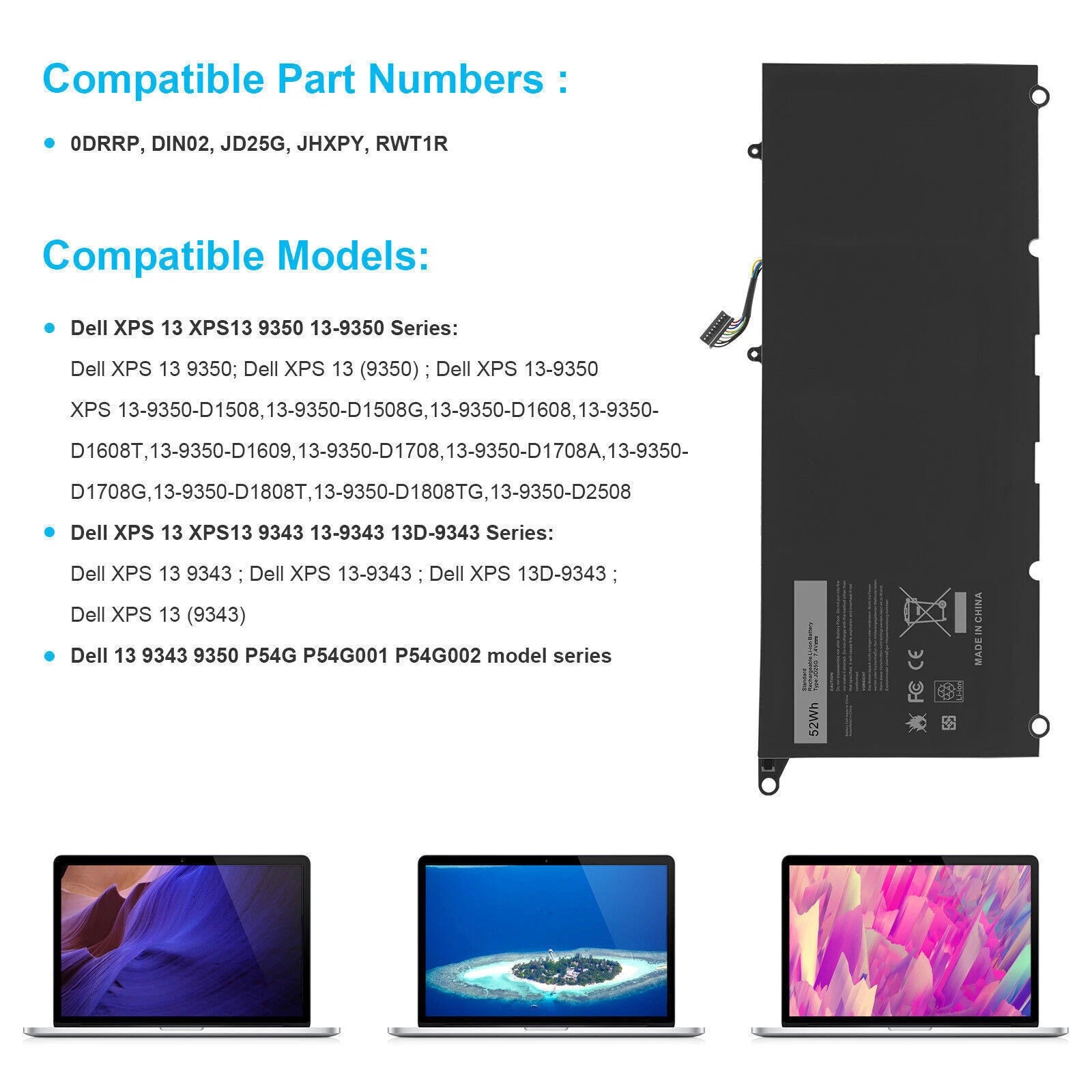 Battery for Dell XPS 13 9350 XPS 13 9343 Series P54G001 P54G002 JD25G 0DRRP