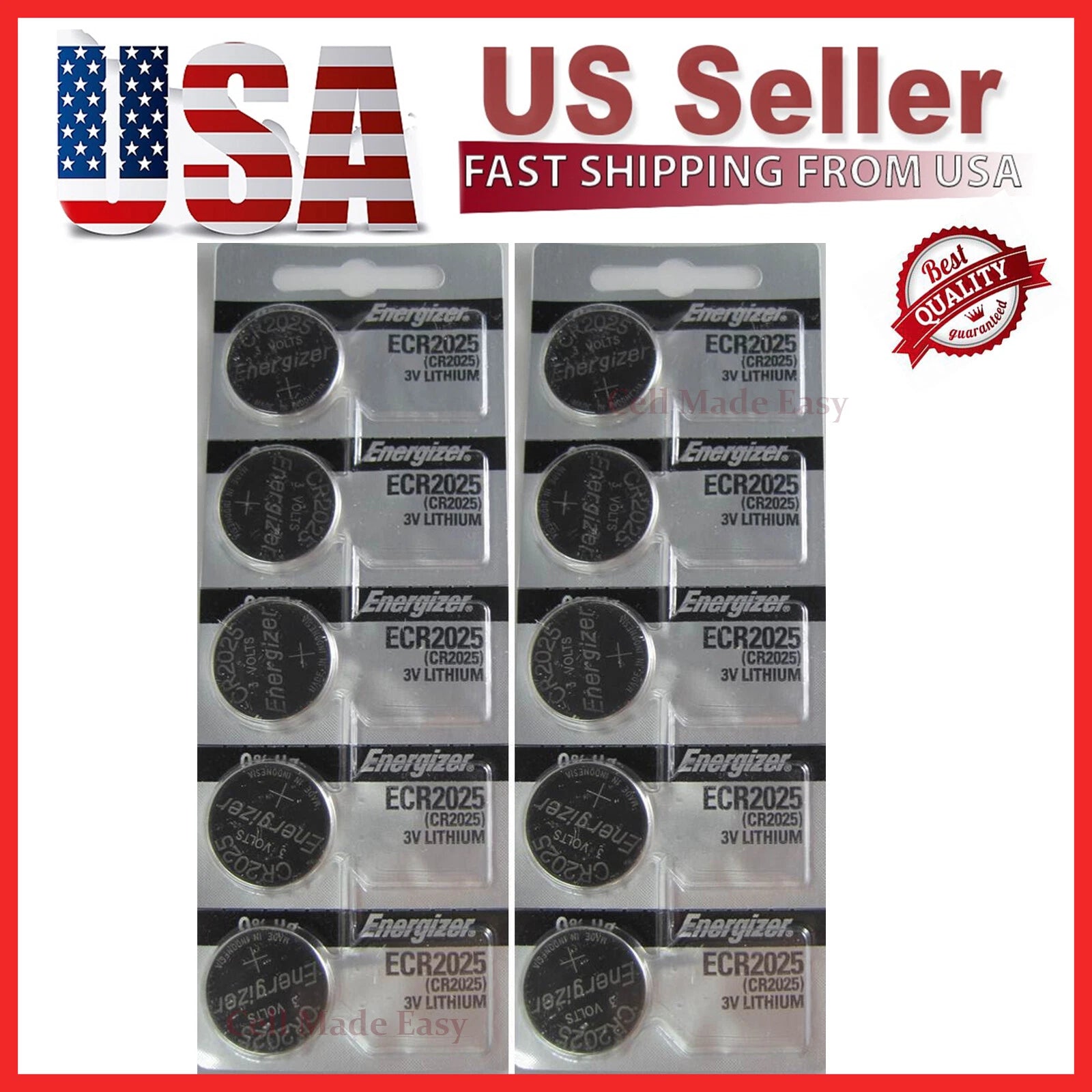 10 x FRESH Genuine Energizer CR2025 ECR2025 3V Coin Button Battery Fast Shipping