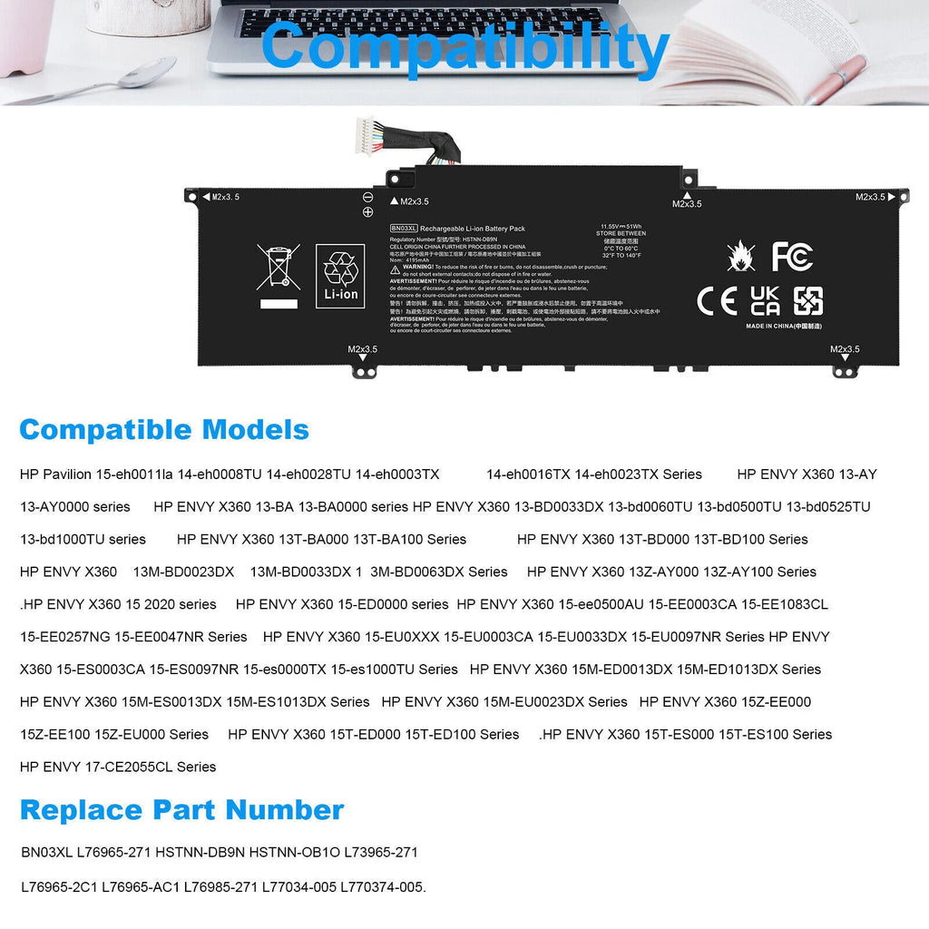 BN03XL Battery For HP Envy x360 15m-ee013dx HSTNN-OB1O L76965-AC1 L77034-005