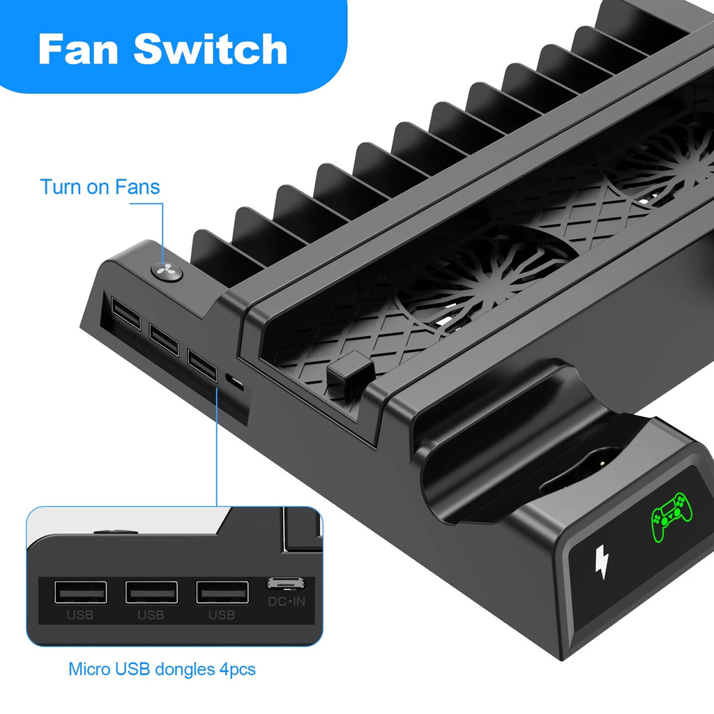 Stand Cooling Fan Controller Dual Charger Station For PlayStation 4 PS4 Slim/Pro