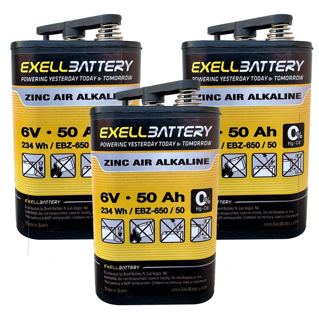 3pc Exell EBZ-650 6V 50Ah 234Wh Zinc Air Alkaline Battery Lasts 8 Times Longer