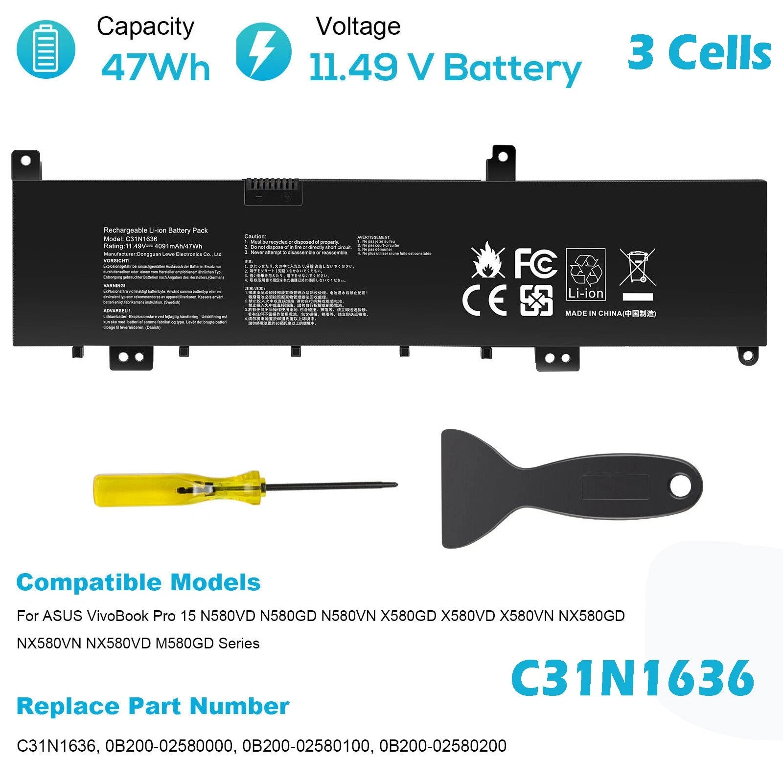 Battery For Asus VivoBook Pro N580VN M580VD NX580VD X580VN Series C31N1636 47Wh