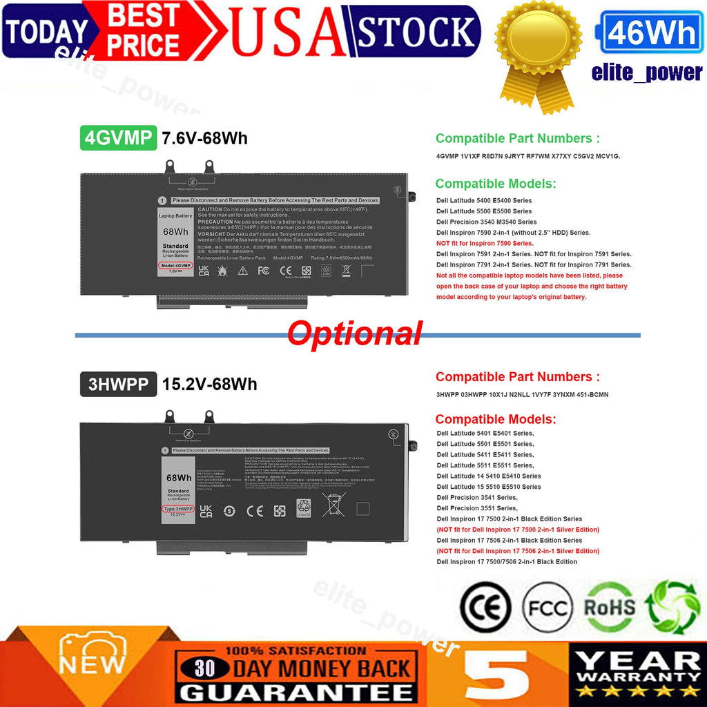 4GVMP/3HWPP Battery For Dell Latitude 5400 E5400 E5500 15 5510 E5510 Series NEW