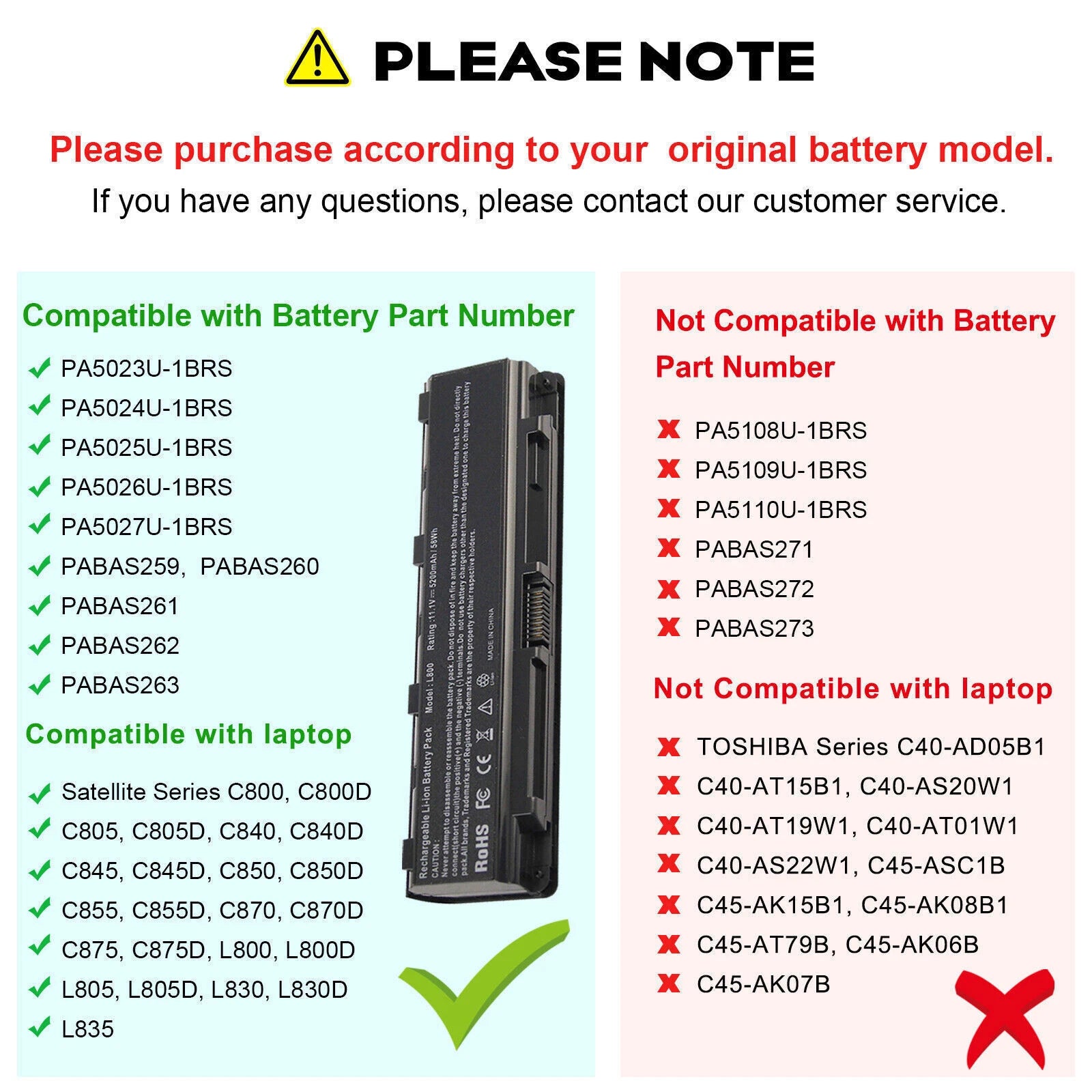 PA5024U-1BRS Notebook Battery For Toshiba Satellite C850 PABAS260 PA5023U-1BRS