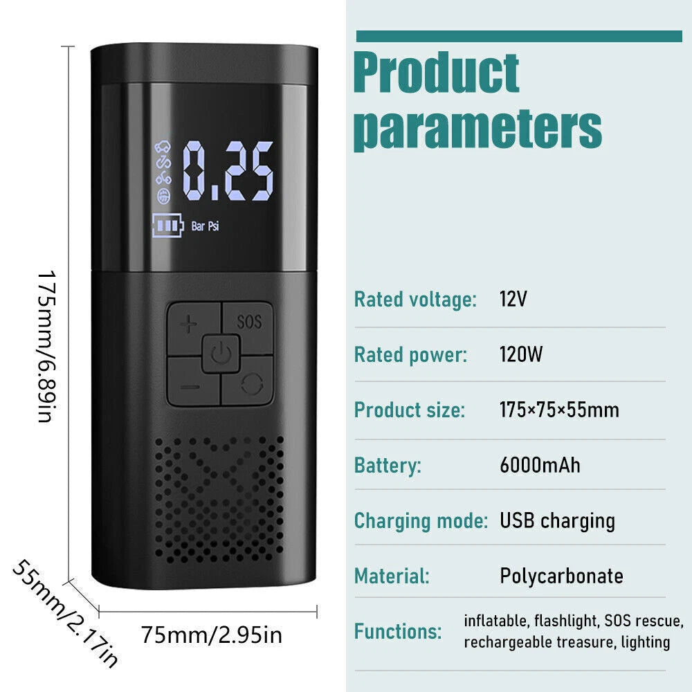 Cordless Air Compressor Digital Display Tire Inflator Electric Air Pump & LED