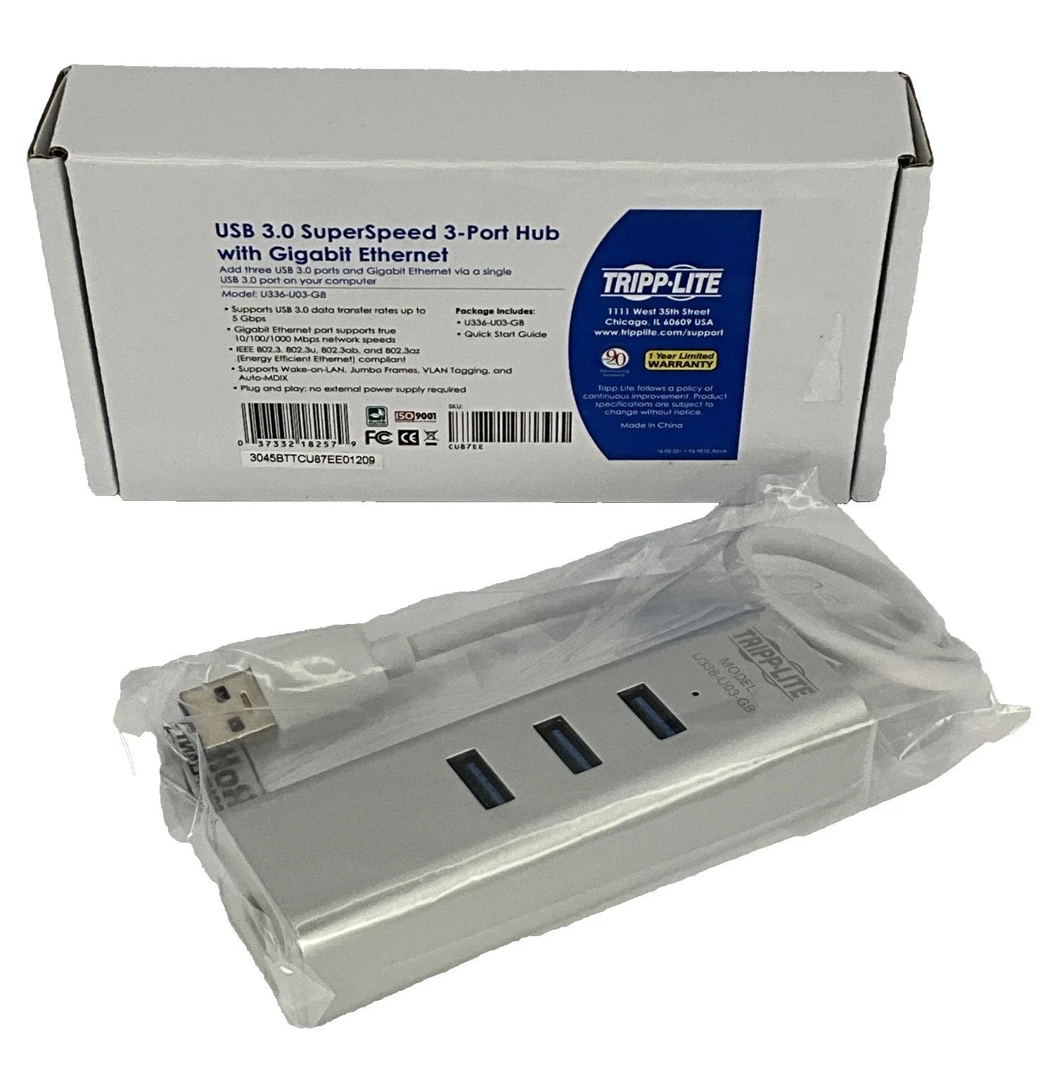 Tripp Lite USB 3.0 SuperSpeed 3-Port USB Hub with Gigabit Internet U336-U03-GB