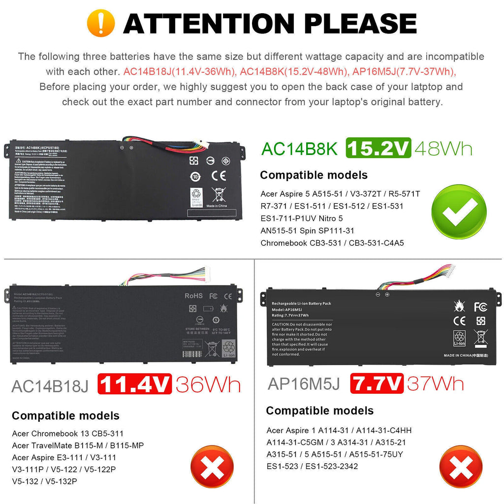 AC14B8K AC14B3K Battery For Acer Aspire V3-371 V3-111P V3-371 E5-771 E5-771G US