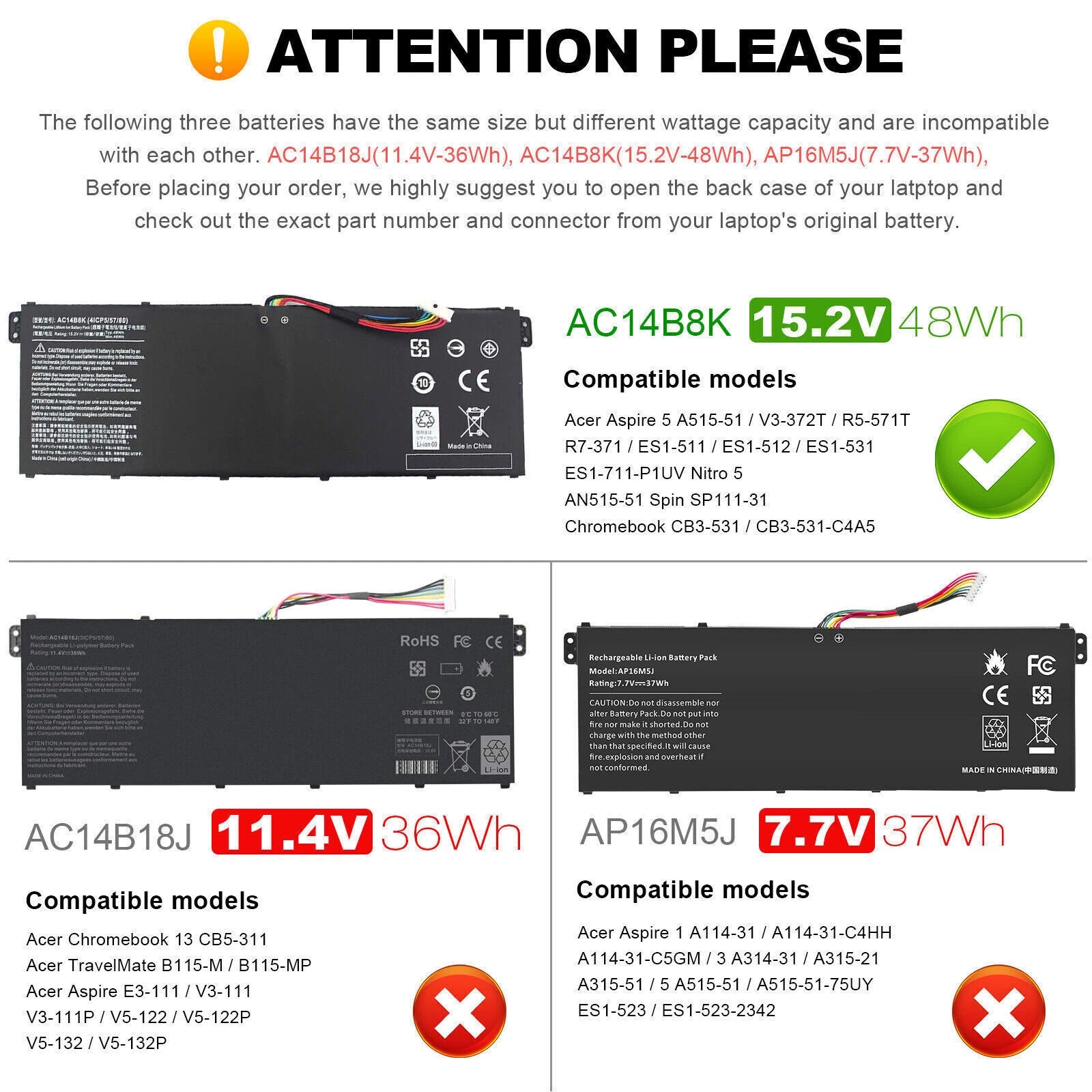 AC14B8K AC14B3K Battery For Acer Aspire V3-371 V3-111P V3-371 E5-771 E5-771G US