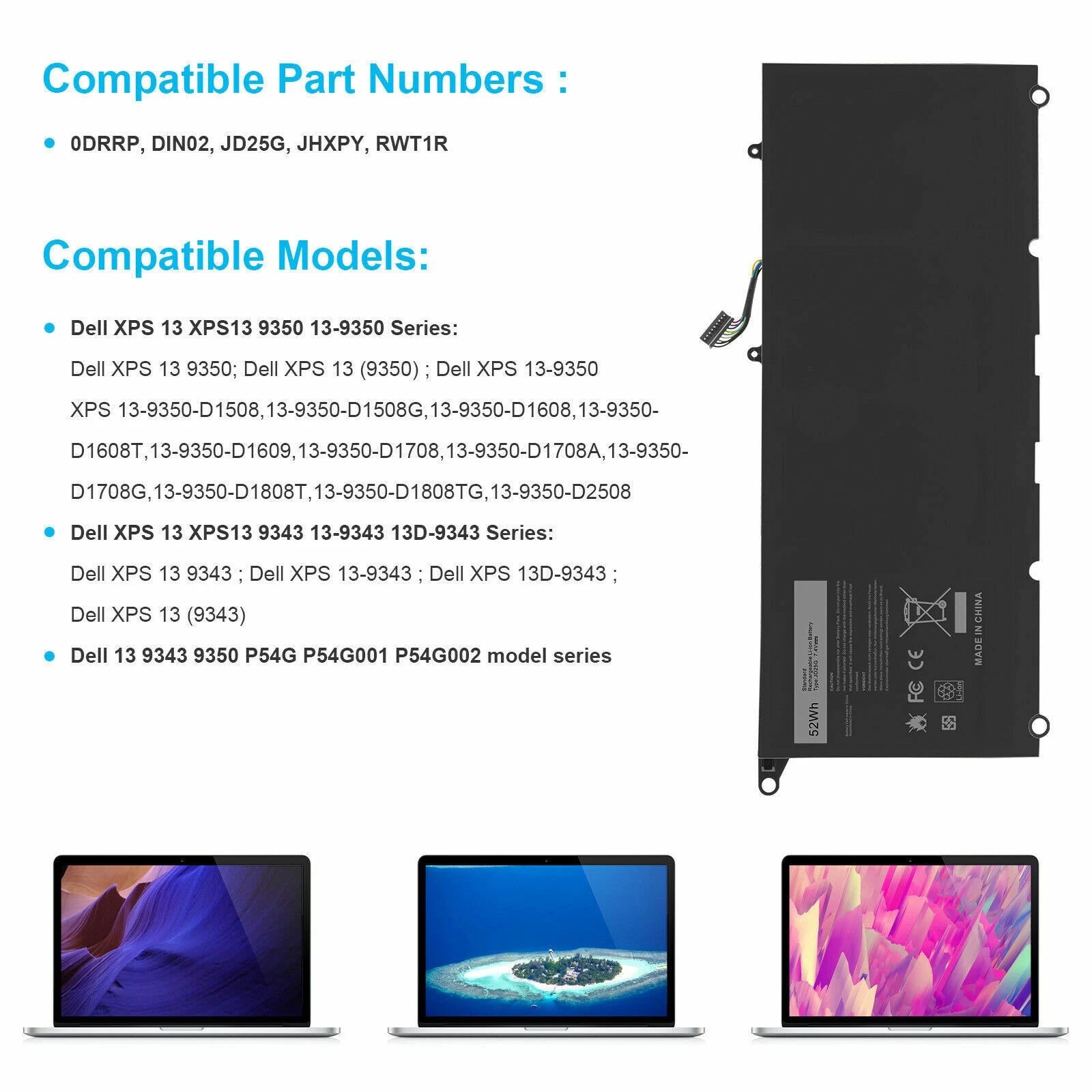JD25G Battery For Dell XPS 13 9343 13 9350 0DRRP 0N7T6 5K9CP 90V7W JHXPY P54G