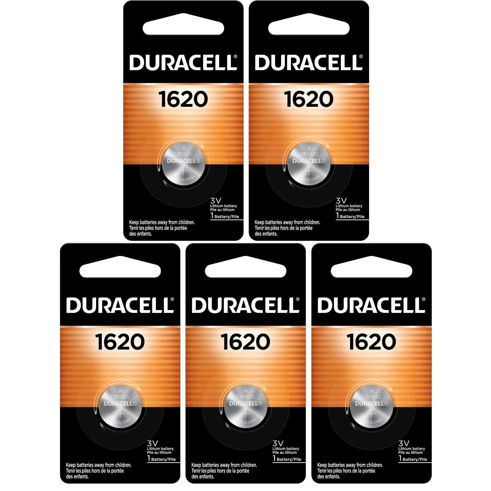 5 1620 Duracell Coin Cell Batteries - Lithium 3V - ( CR1620, ECR1620, DL1620 )
