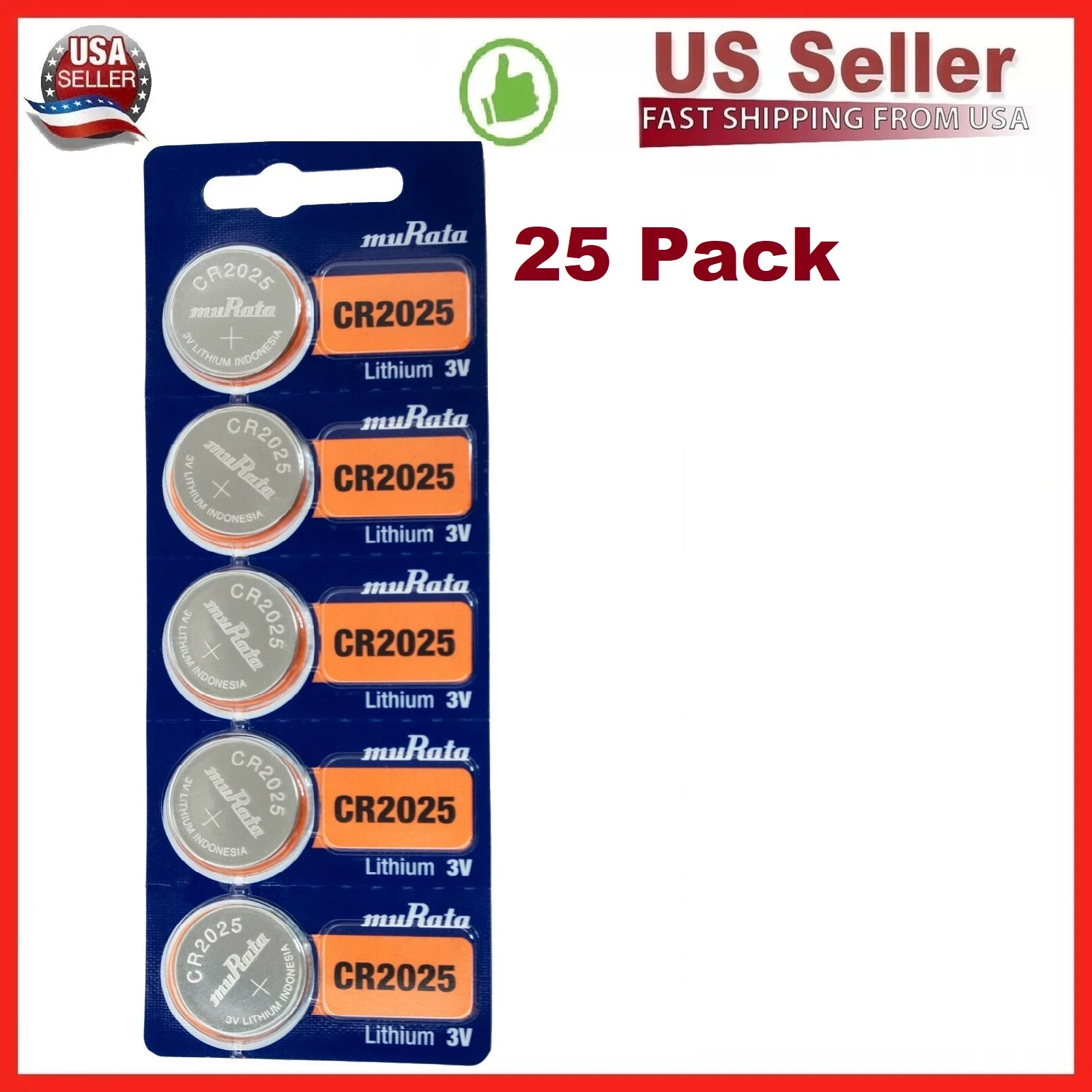Murata CR2025 - Battery, 3 V, CR2025, Lithium Manganese Dioxide, 160 mAh 25 Pack