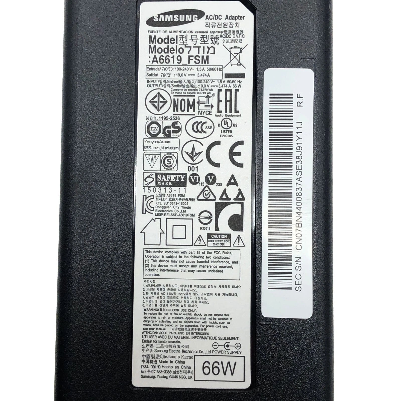 NEW Genuine Samsung 66W AC Power Adapter A6619_FSM Supply BN44-00837A 19V 3.4A