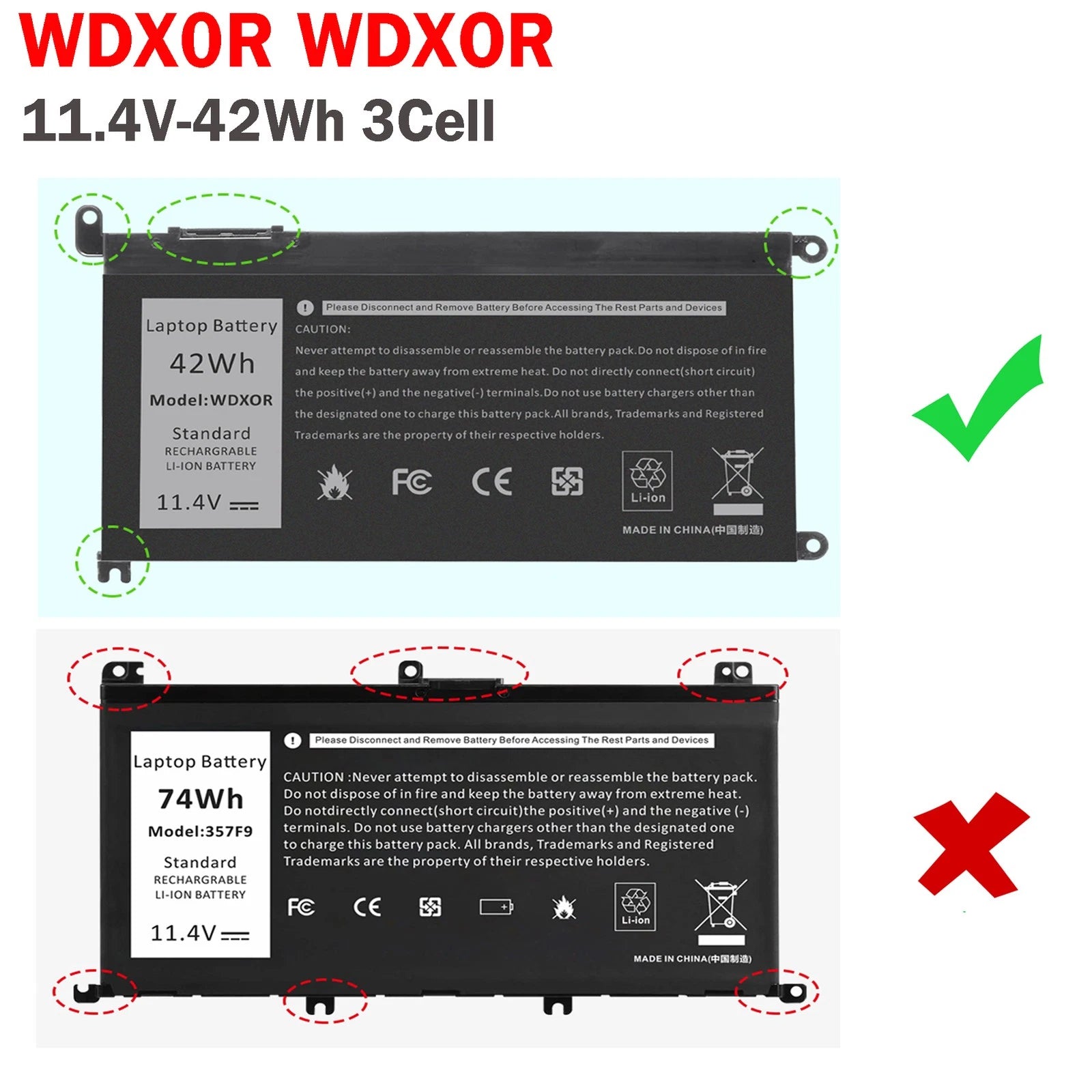 LOT 3-Cell 42Wh WDXOR WDX0R Battery for Dell Latitude 3180 3190 3300 3379 3189