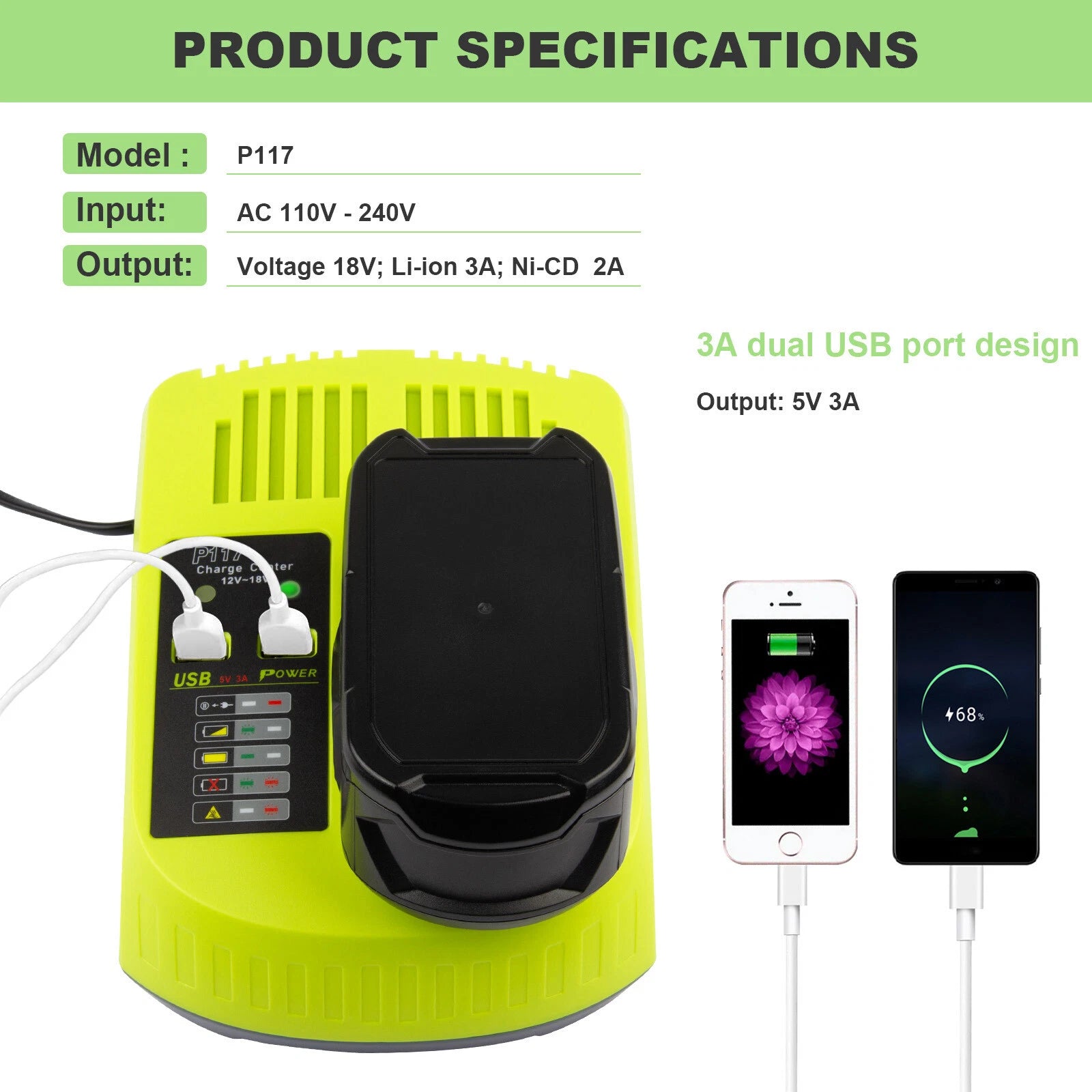 P117 Charger For RYOBI P108 18V For One+ Plus High Capacity Lithium-Ion Battery