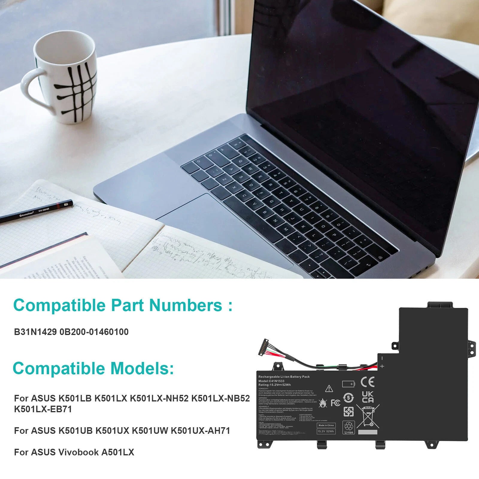 C41N1533 Replacement Battery for Asus Q524U Q534U Q534UX ZenBook Flip UX560UQ US