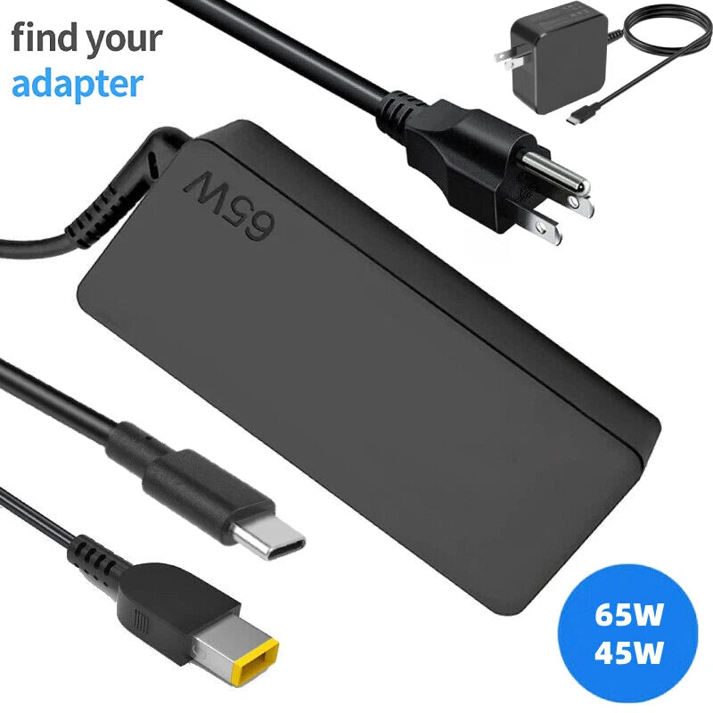 USB-C Square Charger Laptop AC Adapter for Lenovo + Power Cord 45W 20V 2.25A