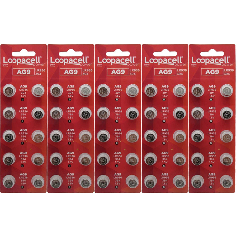 50 Loopacell AG9 394 D394 GP94 L936 LR45 Alkaline Button Cell Batteries