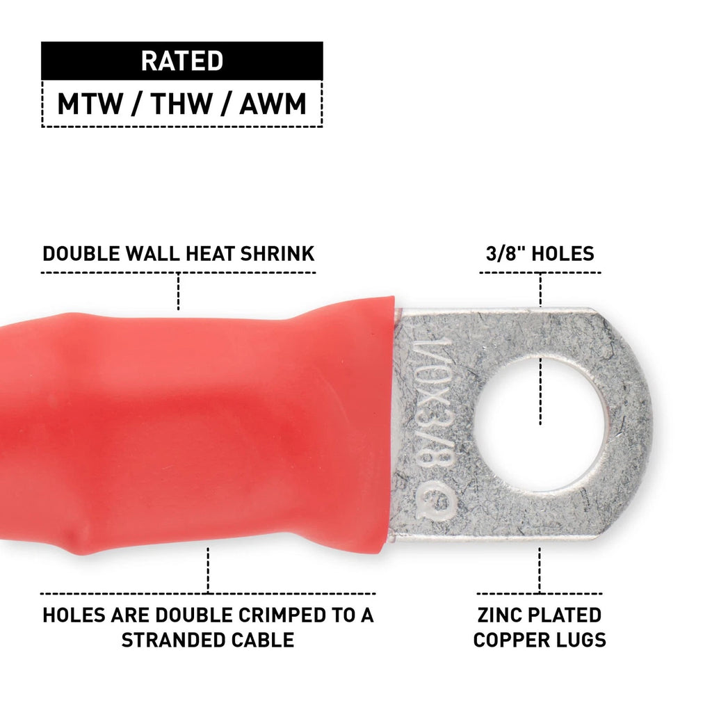 1/0 Red Battery Interconnect Cable 8" with 3/8" Lugs ASSEMBLED IN USA