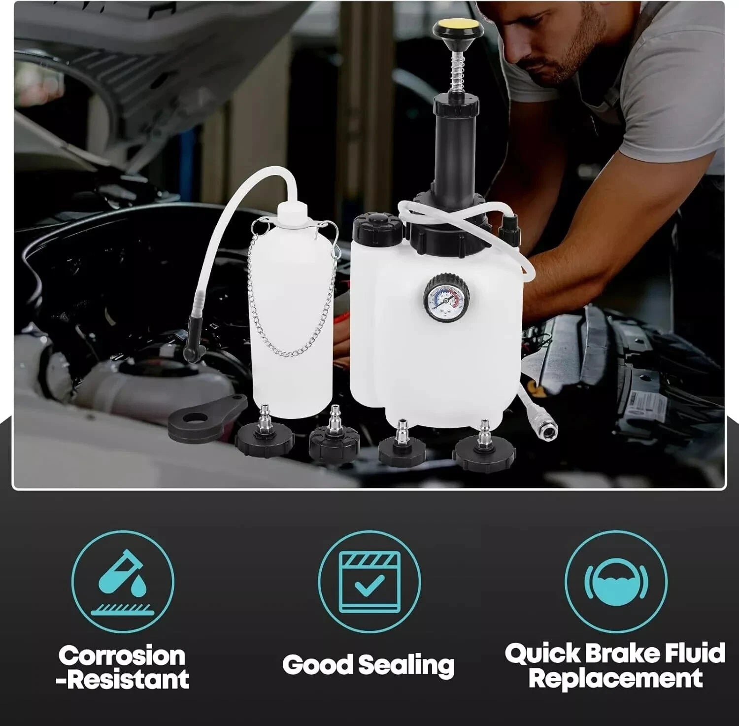 3L Brake Bleeder Kit Manual Fluid Pump with 4 Master Cylinder Adapters 1L Bottle