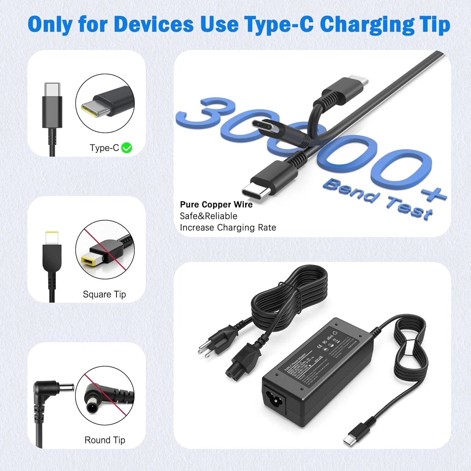 65W USB C Type C for Acer Chromebook Lenovo/HP/Asus/Samsung Power Laptop Charger