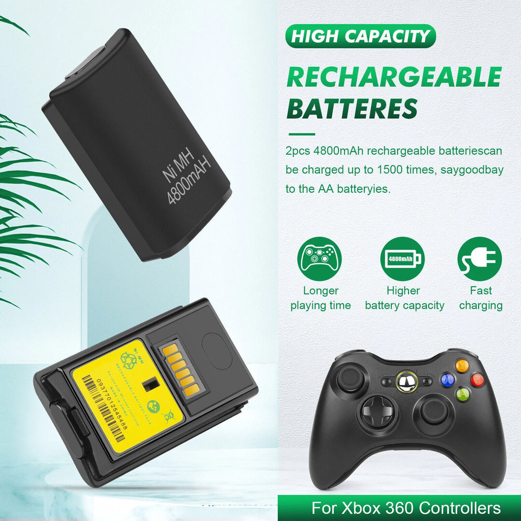 Rechargeable Battery Pack 2pcs 4800mAh USB Charger Cable For XBox 360 Controller