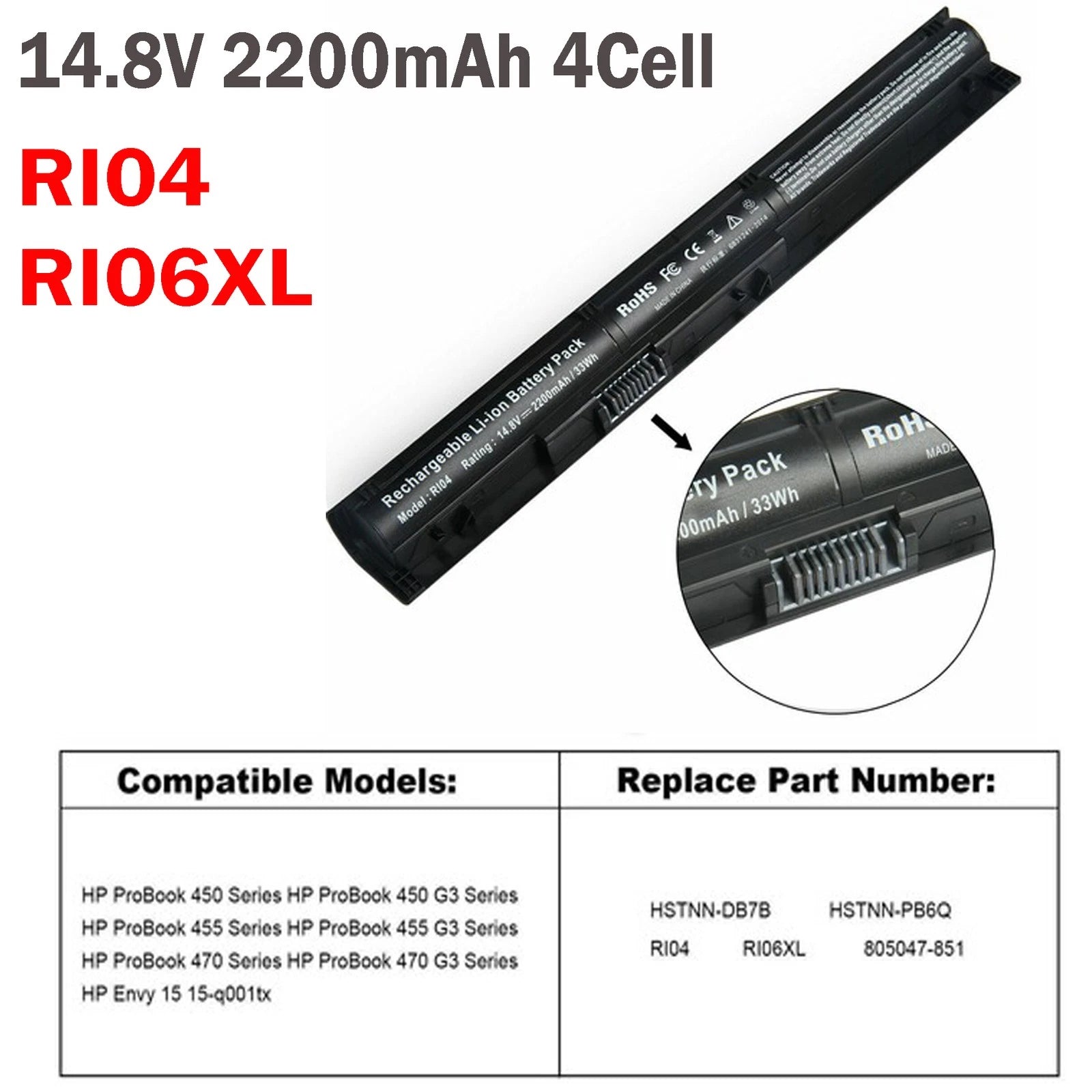 RI06XL RI04 Battery For HP ProBook 450 455 470 G3 HSTNN-PB6Q 805047-851 2200mAh