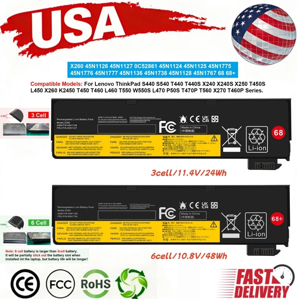 ?68/68+ Battery For Lenovo Thinkpad T440 T450 T460 L450 L460 W550s X240 X260