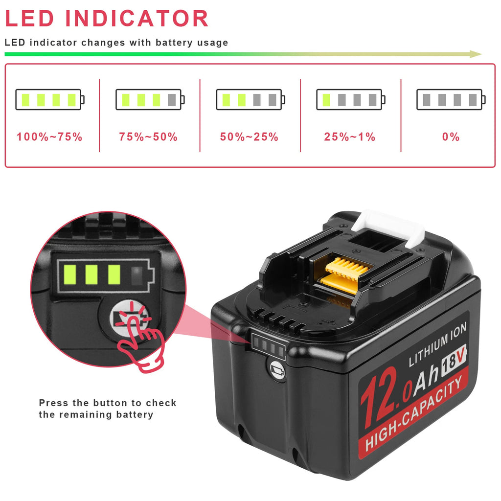 12.0Ah Battery For Makita 18V Lithium ion Battery BL1860B BL1830 BL1850B LED