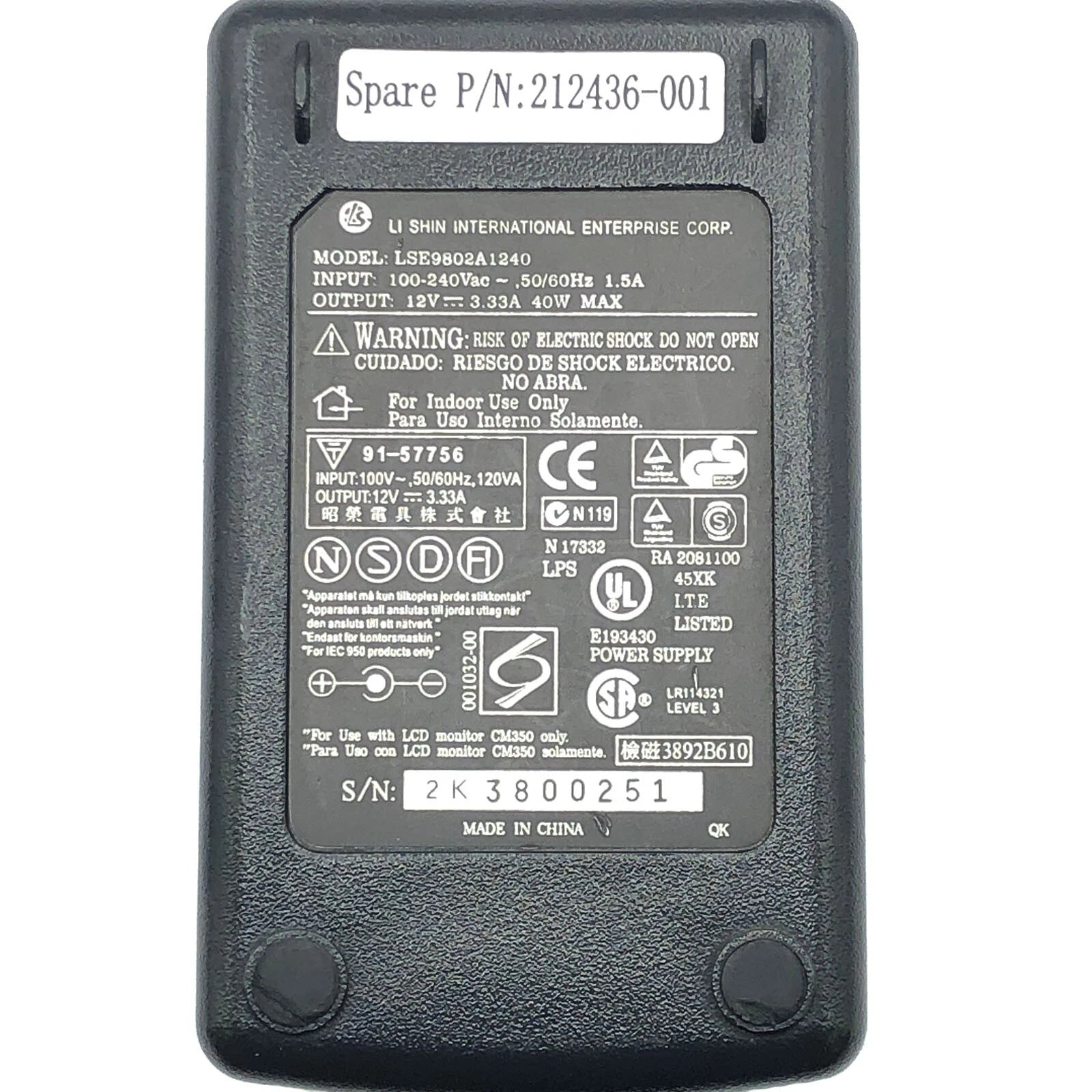 NEW Original Li Shin LSE9802A1240 AC Adapter 12V 3.33A Power Supply 212436-001