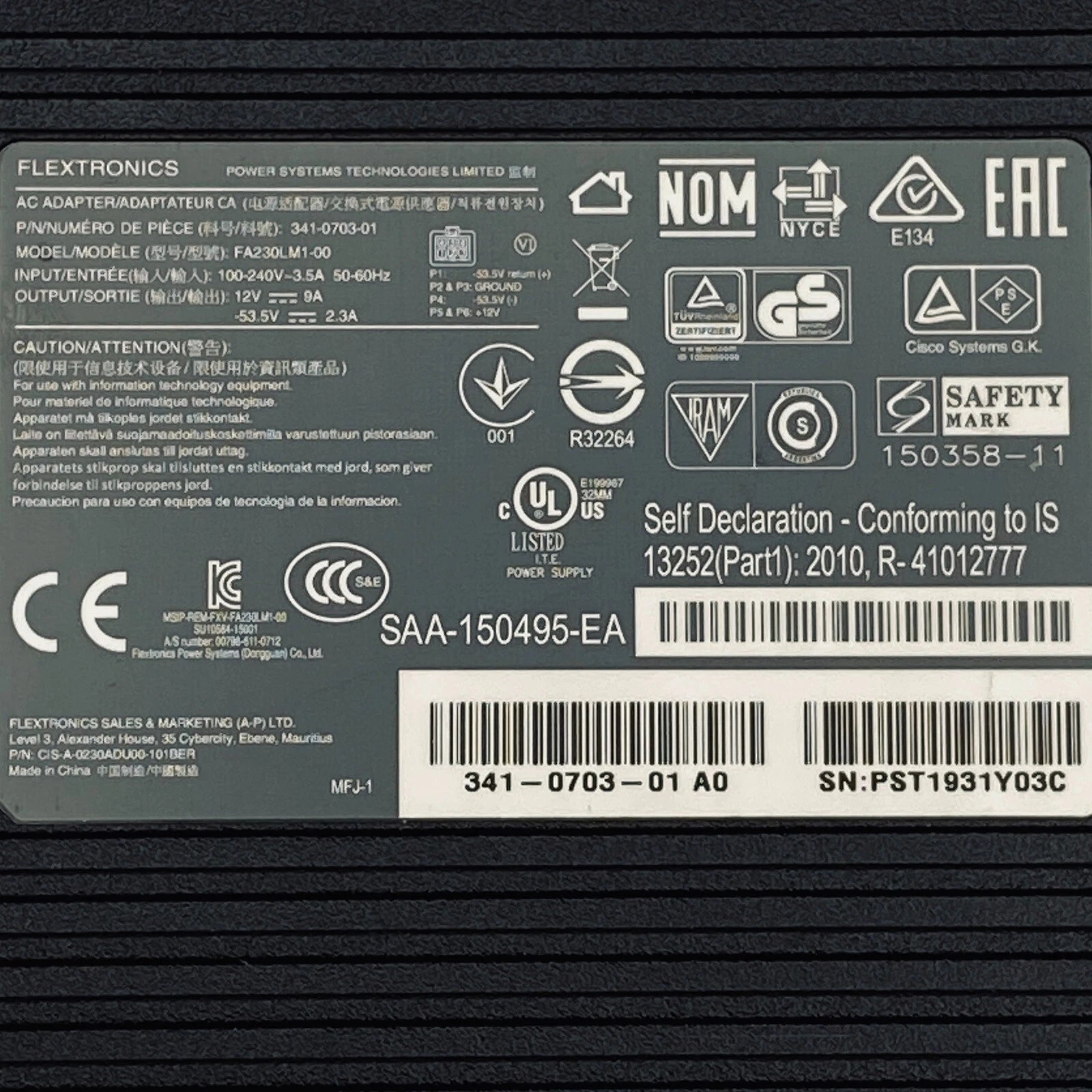 NEW Genuine Flextronics AC Adapter FA230LM1-00 12V 9A for Cisco Routers 108W