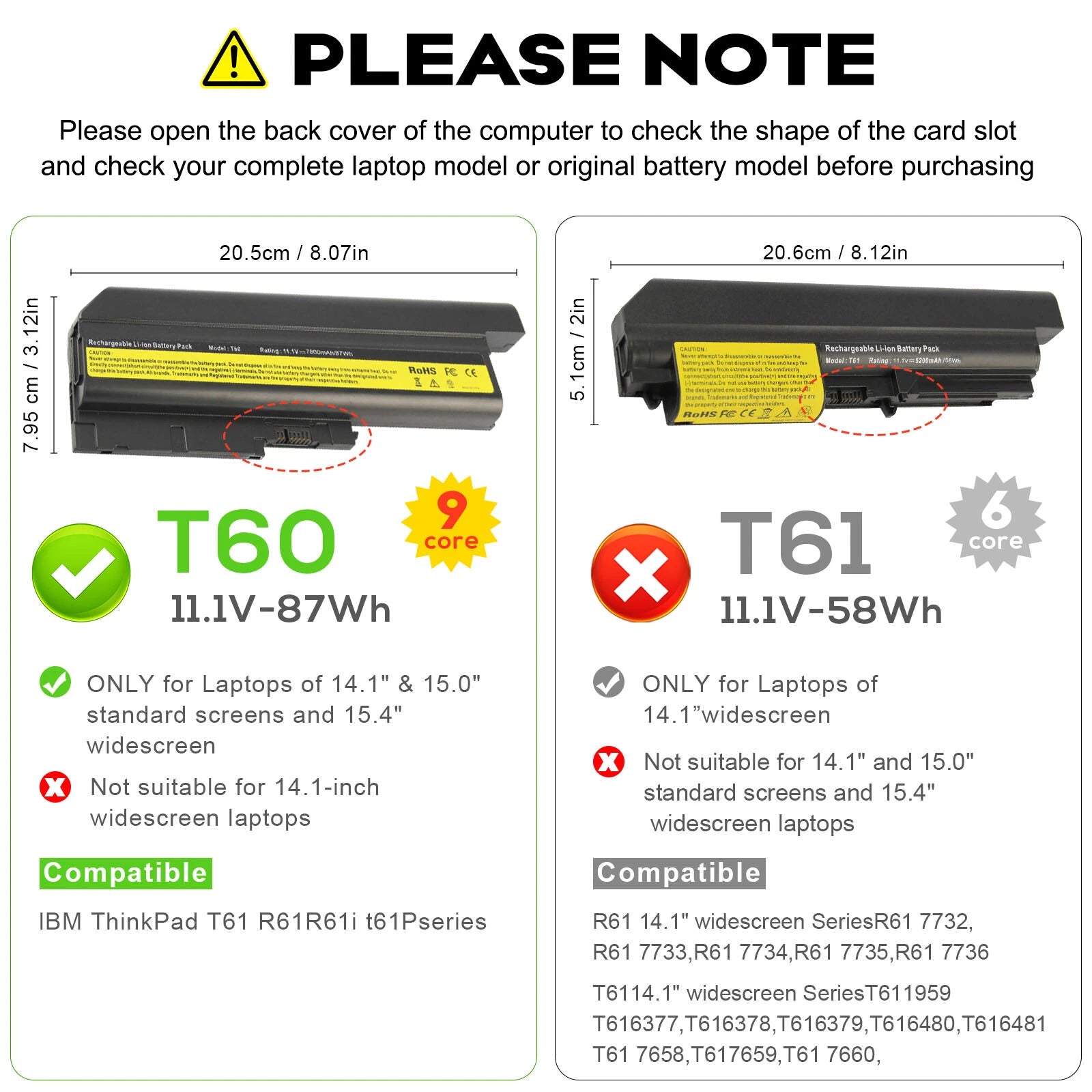 7800mAH Battery For LENOVO ThinkPad T500 W500 R60 R61 T60P T61 40Y6795 41N5666