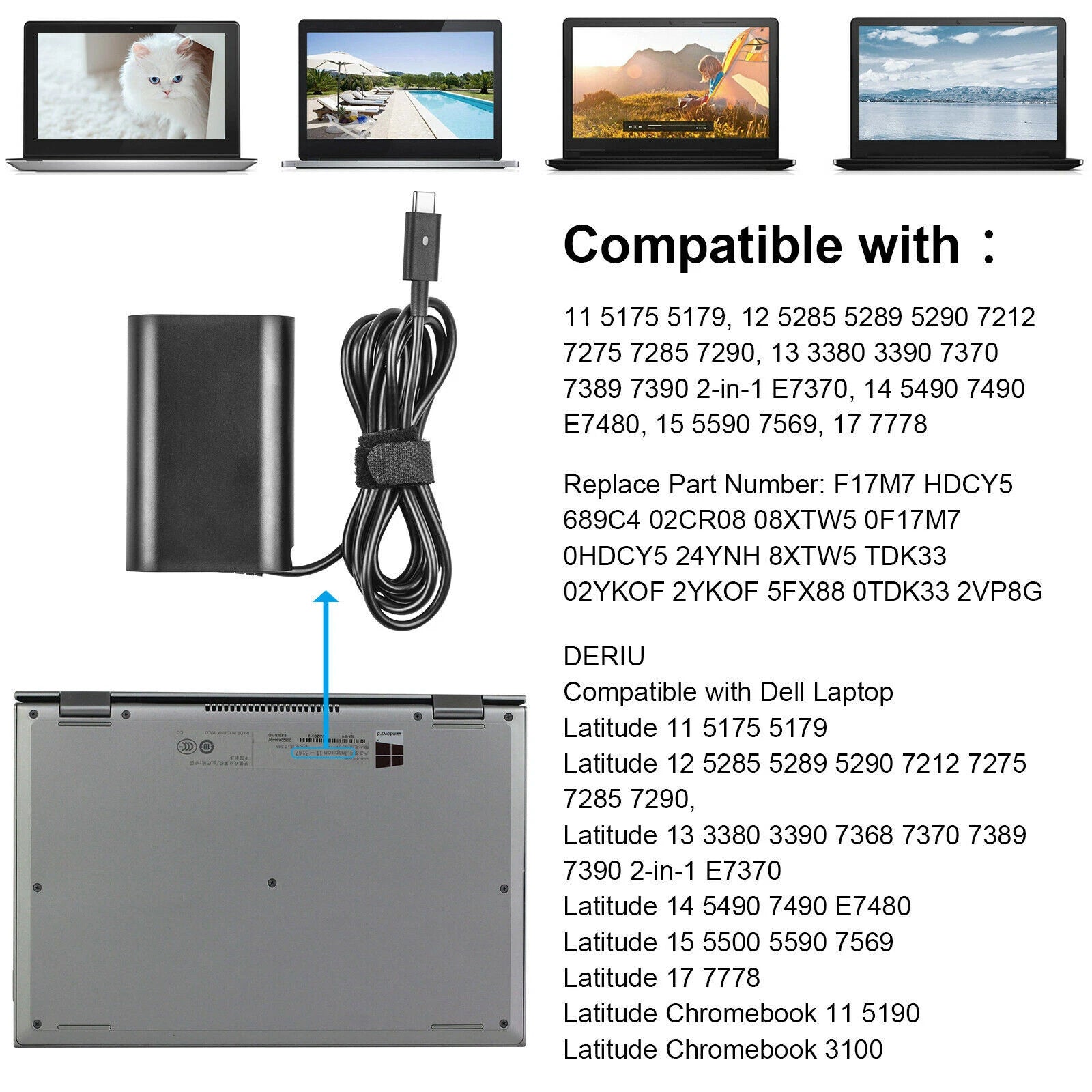 65W Type C USB C Charger Power Adapter for Dell VENUE 10 PRO 5056 24YNH Laptop