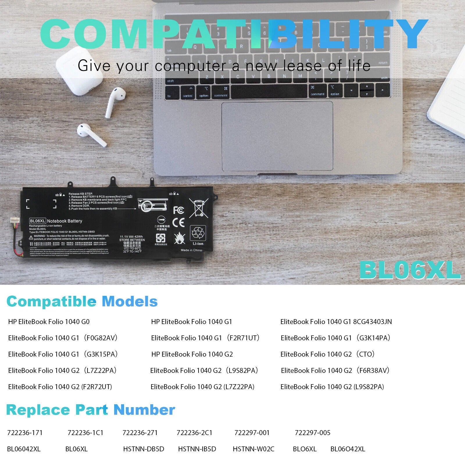 Laptop BL06XL Battery for HP EliteBook Folio 1040 G0 G1 G2 HSTNN-DB5D HSTNN-W02C