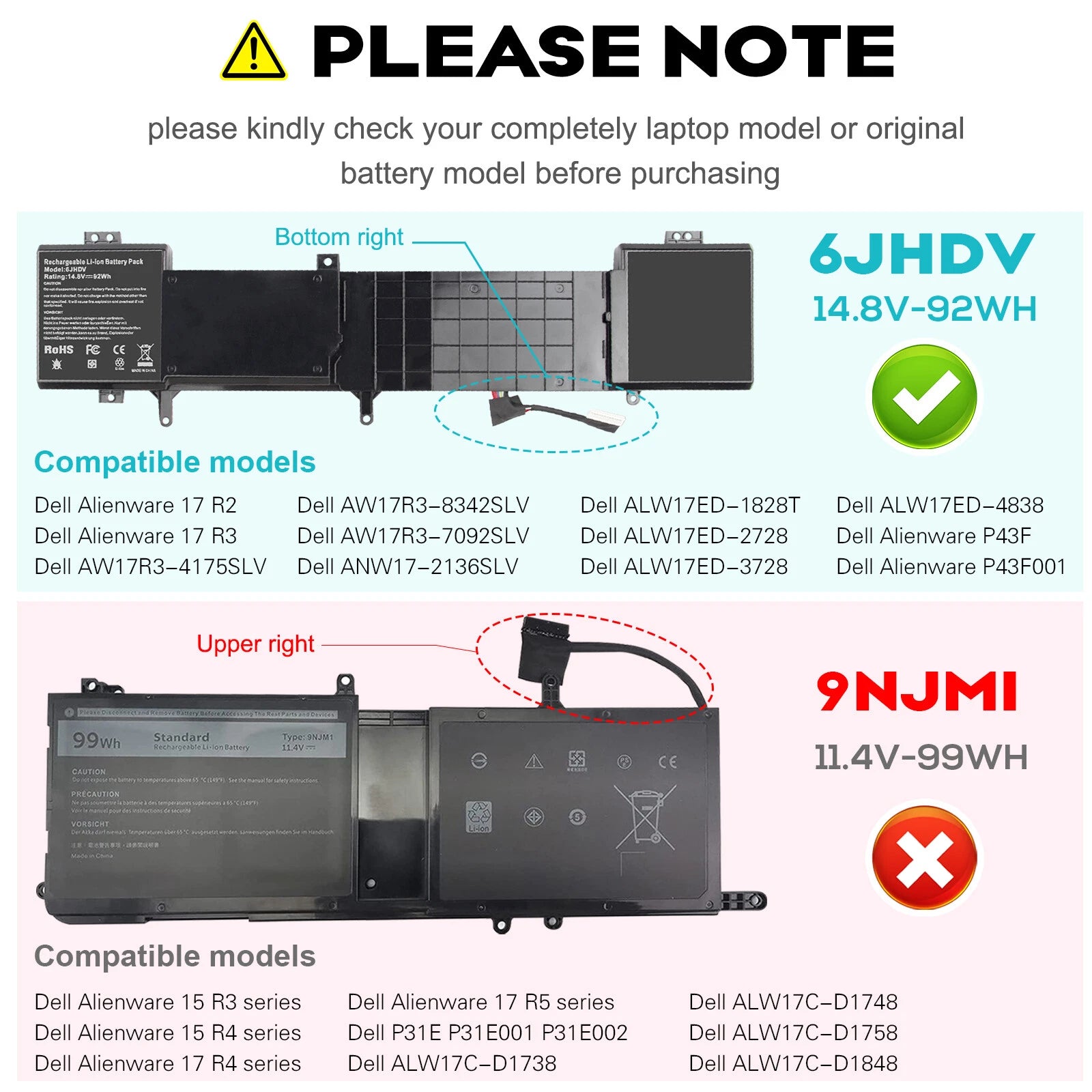 6JHDV Laptop Battery For Dell Alienware 17 R2 R3 P43F P43F001 P43F002 6JHCY 92Wh