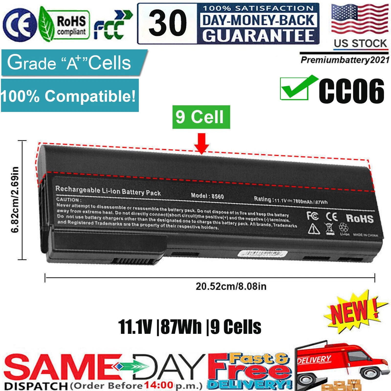 ?9 Cell For HP EliteBook 8470p 8470w 8560p Probook 6360b Battery CC09 631243-001