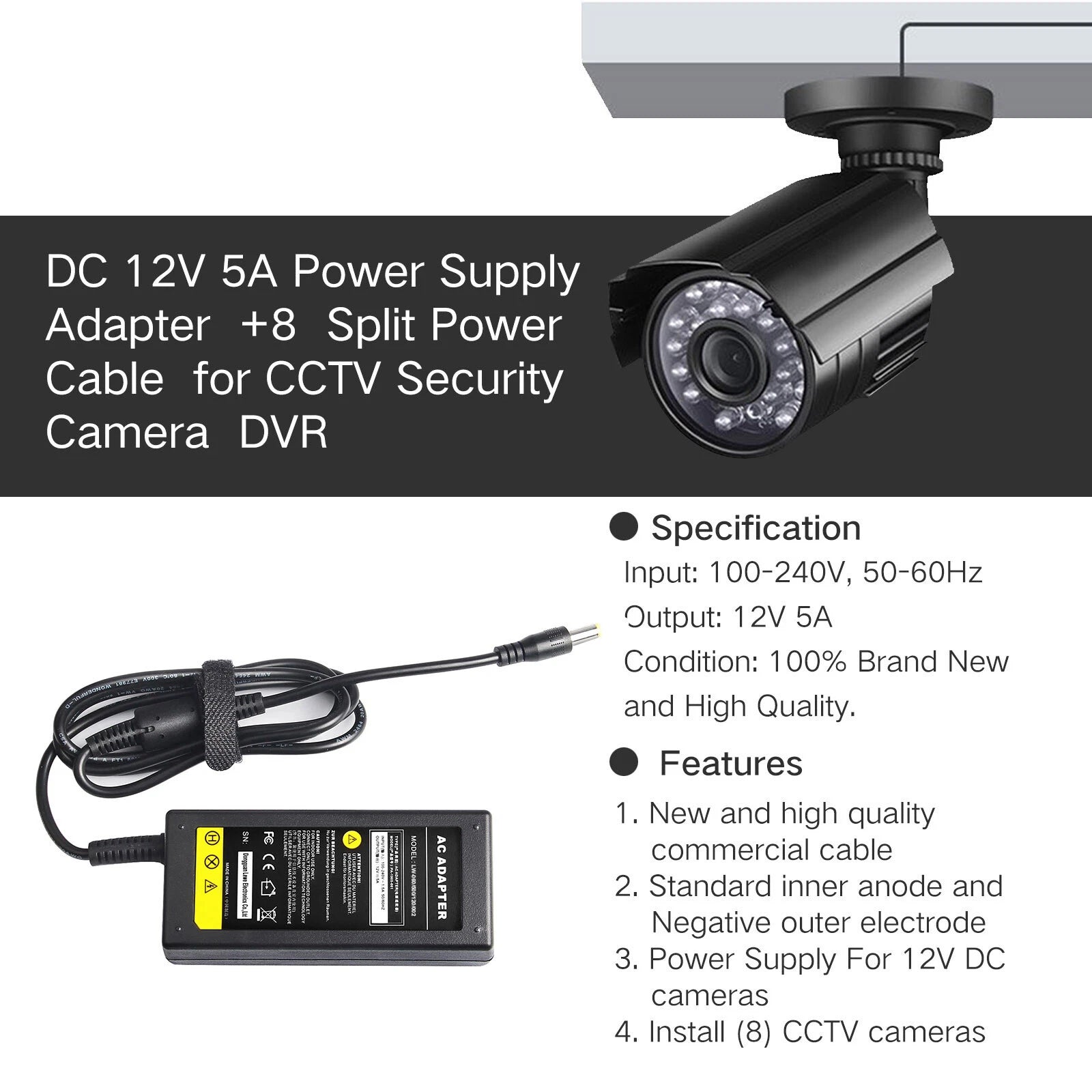 CCTV Security Camera AHD DVR Power Adapter AC to DC 8-Way Power Splitter Cable
