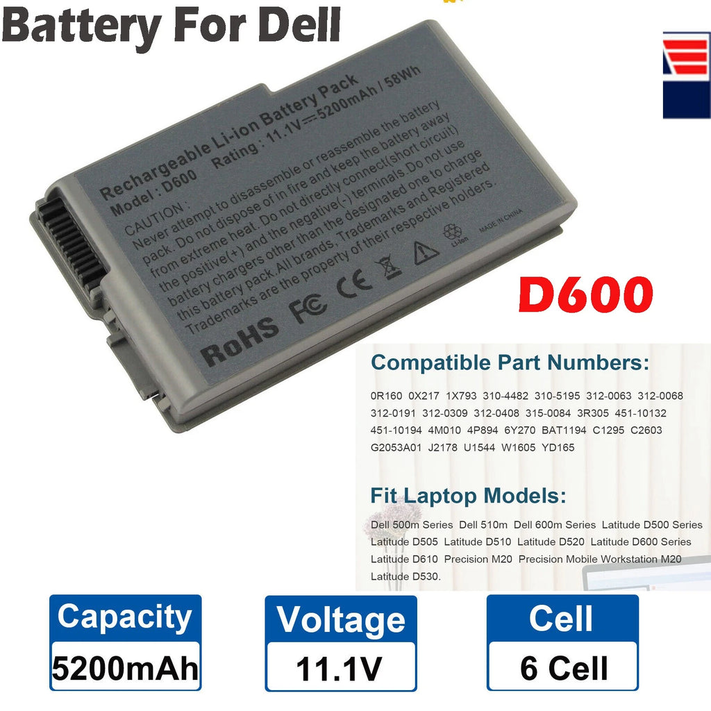 C1295 Laptop Battery for Dell Latitude D530 D520 D500 D505 D600 D610 C2603 58Wh
