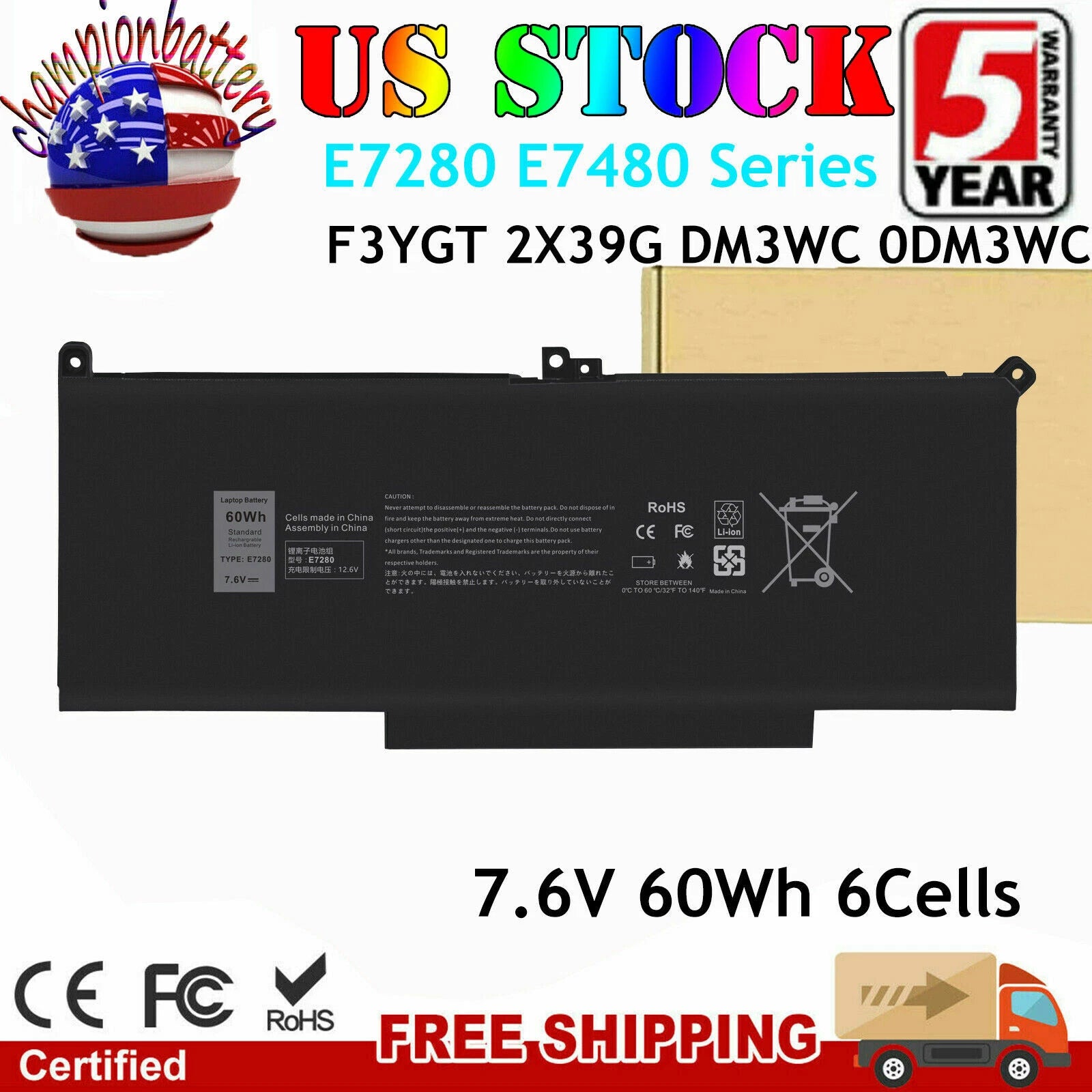 Battery for Dell Latitude 12 13 14 Series E7280 E7290 E7380 E7390 E7480 E7490