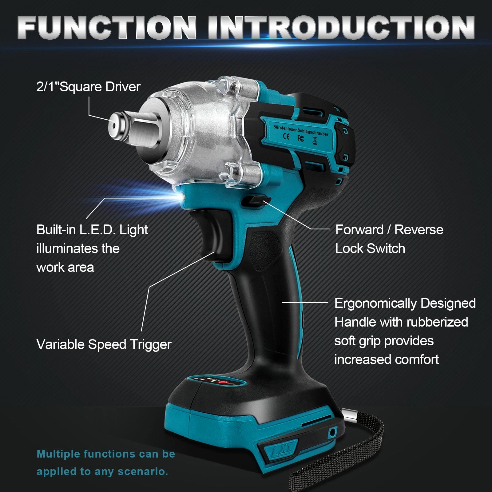 Cordless Electric Impact Wrench Gun 1/2'' High Power Driver w/ Li-ion Battery