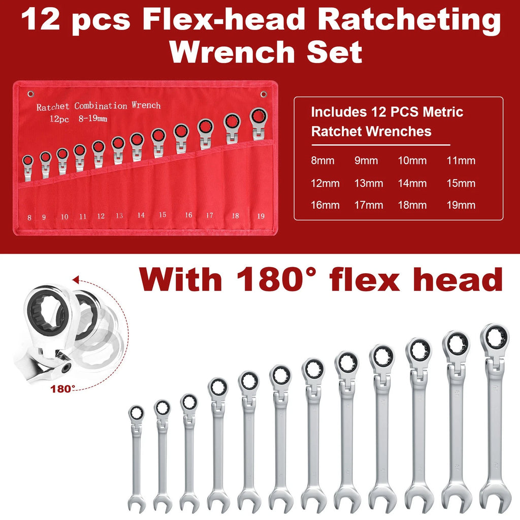 ??12Pcs Metric Combination Wrench Flexible Head Ratchet Spanner Tool Set 8-19mm