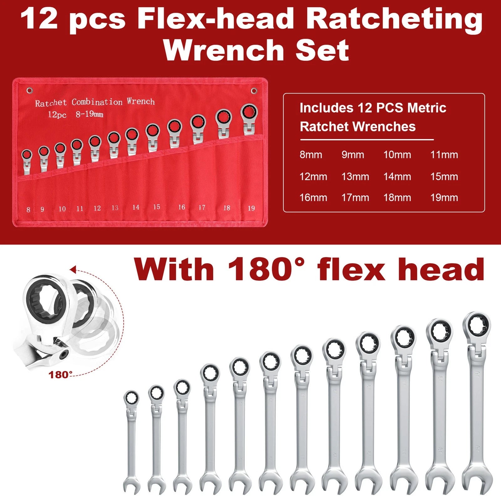 ??12Pcs Metric Combination Wrench Flexible Head Ratchet Spanner Tool Set 8-19mm