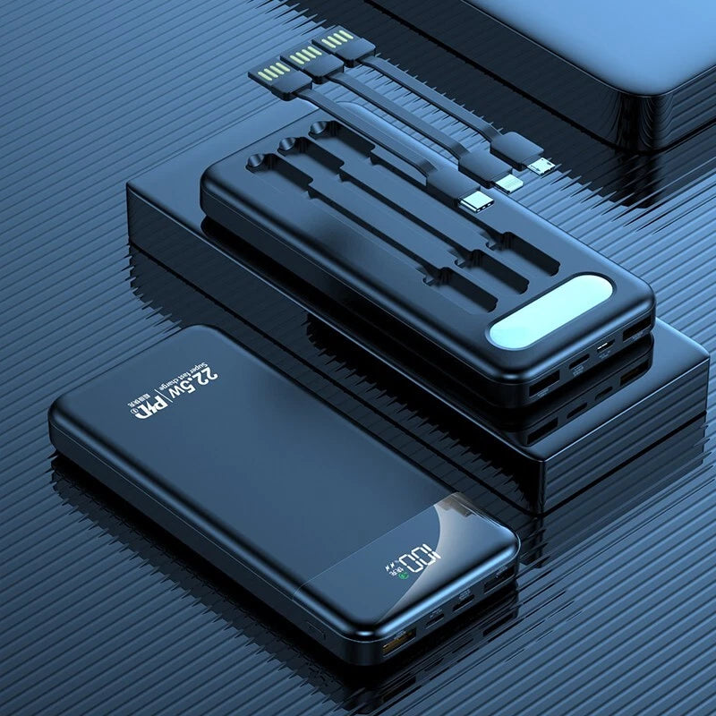 Portable Power Bank 10000mAh Fast Charging Battery with 3 Built in Cable BLK/WHT