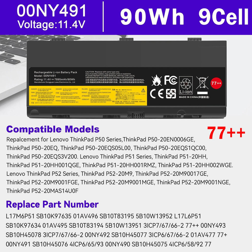 ??77+ 00NY491 Battery For Lenovo ThinkPad P50 P51 P52 00NY490 00NY492 SB10H45078