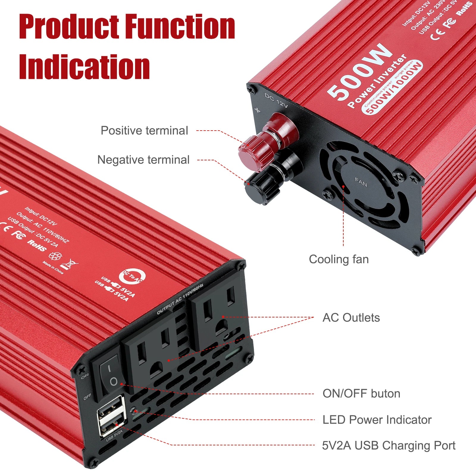 500W 1000W Auto Car Power Inverter DC 12V to AC 110V Plug Truck RV Car Converter