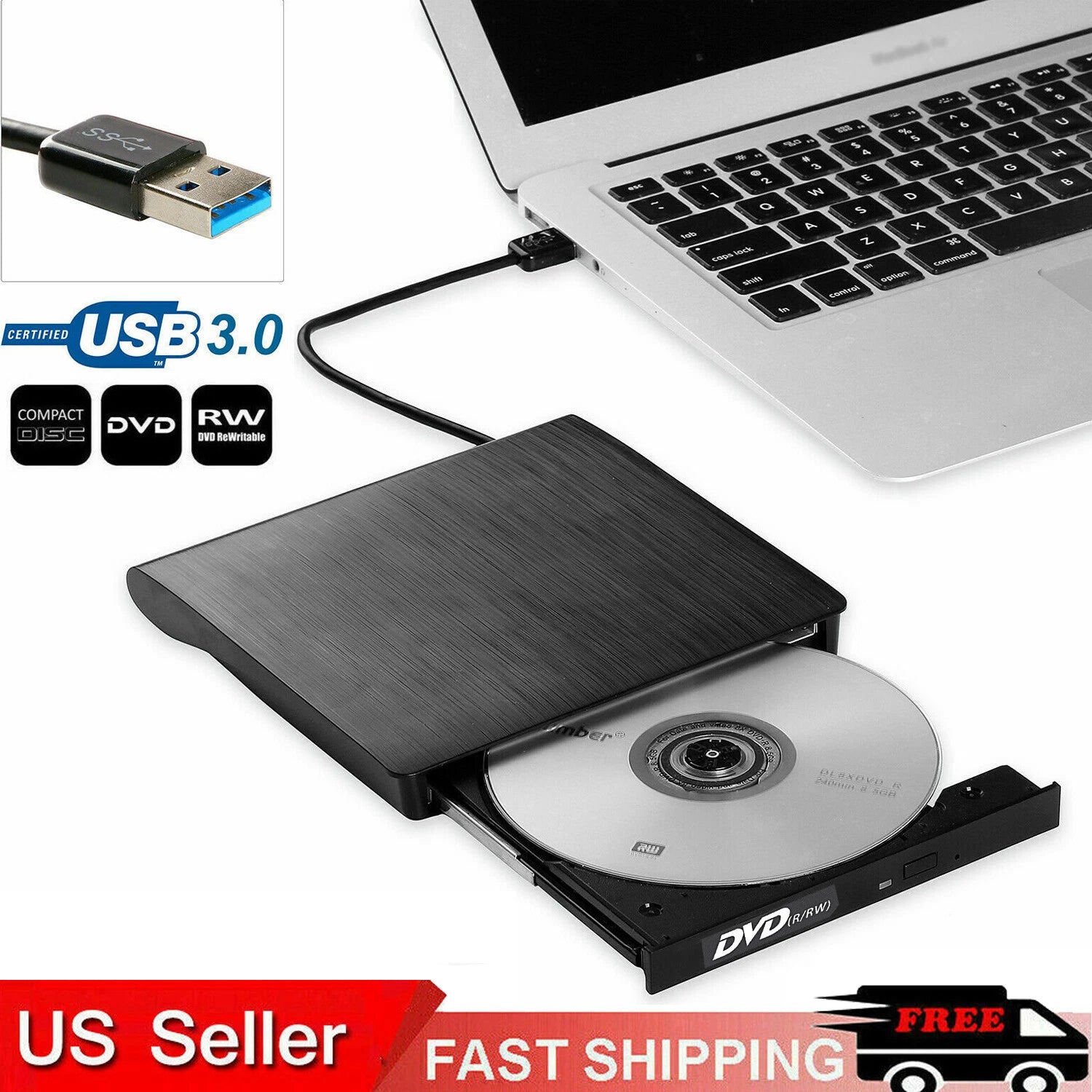External Slim USB 3.0 CD DVD + RW Drive Writer Burner Hard Disk Player Reader PC