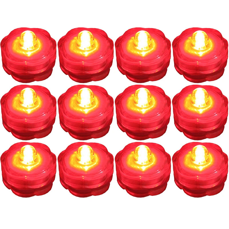12 Pack~Red~Submersible Waterproof Underwater Battery LED Tea Light~Wedding