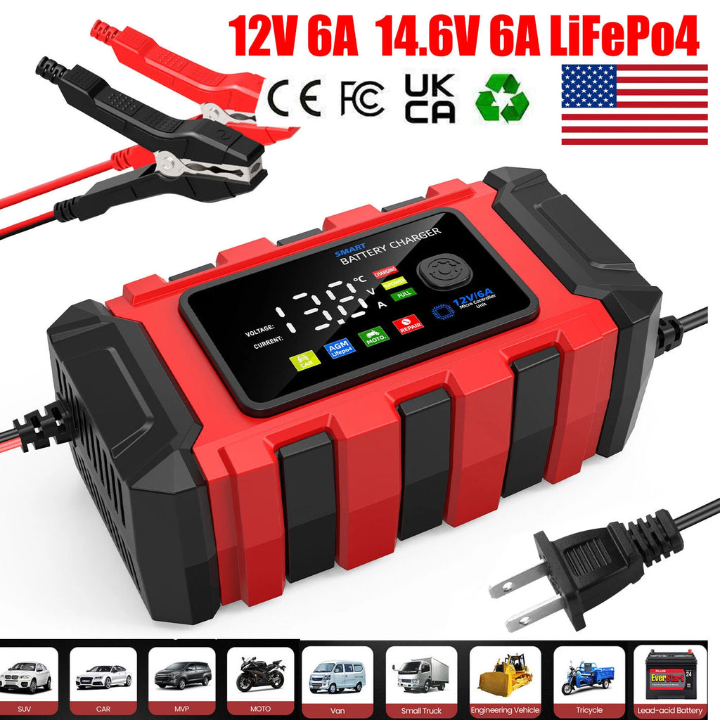 LiFePO4 Car Battery Charger 12V 6A Trickle Charger Maintainer AGM Motorcycle