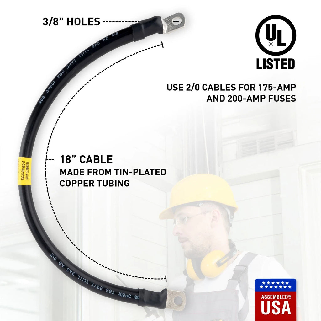 2/0 Black Battery Interconnect Cable 18" with 3/8" Lugs ASSEMBLED IN USA